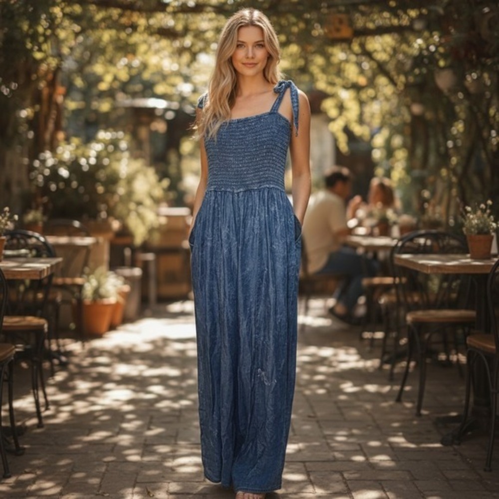 Cato Blue Smocked Wide Leg Jumpsuit Tie Strap Denim Look w/ Pockets - Size L